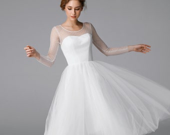 Short tulle wedding dress with sleeves, elopement and civil wedding dress, tea length rehearsal dinner wedding dress | Mila