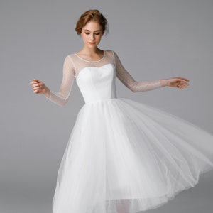 Short tulle wedding dress with sleeves, elopement and civil wedding dress, tea length rehearsal dinner wedding dress | Mila