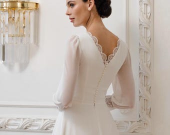Modest Tea Length Wedding Dress with Sleeves – Simple City Hall Bridal Gown | Tessa