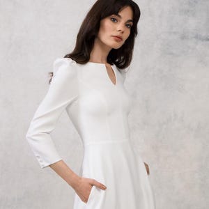 Elegant Long Sleeve Crepe Wedding Dress – Minimalist Bridal Gown with Buttons | Paloma