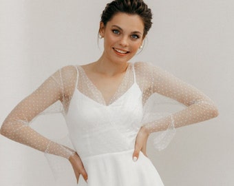 Simple Tea Length Wedding Dress with Sheer Dotted Sleeves – Elegant Tulle Bridal Gown | Leah