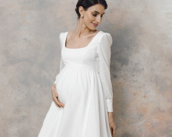 Maternity wedding dress with long sleeves, square neckline maternity bridal dress, simple pregnancy dress – Naomi