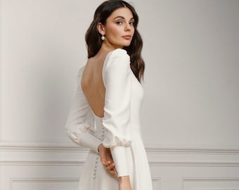 Minimalist Long Sleeve Wedding Dress – Square Neck Crepe Bridal Gown | Darla
