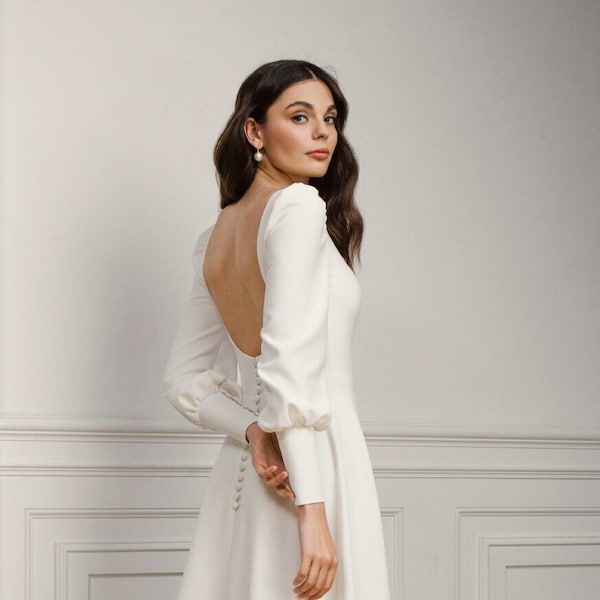 Square neck wedding dress with long sleeves, Minimalist low back wedding dress, elegant wedding dress made of crepe - Darla