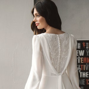 Modest A-Line Wedding Dress with Sleeves – Chiffon Bridal Gown with Square Neck | Caitlin