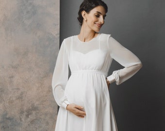 Maternity wedding dress with long sleeves, simple pregnancy bridal dress, short wedding dress – Bailey