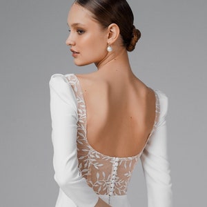 Square neck wedding dress with long sleeves – fitted bridal gown with train – Viola