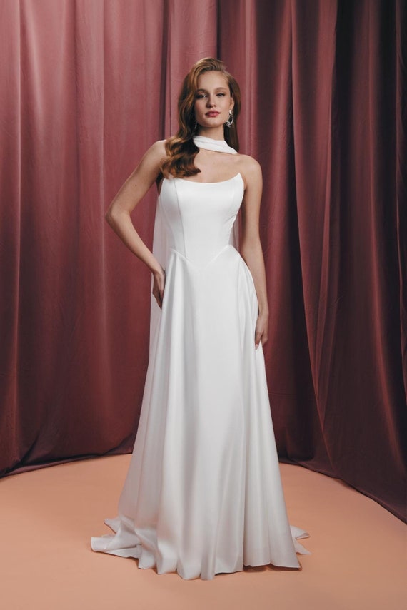 silk scoop neck wedding dress Satin scoop neckline wedding dress