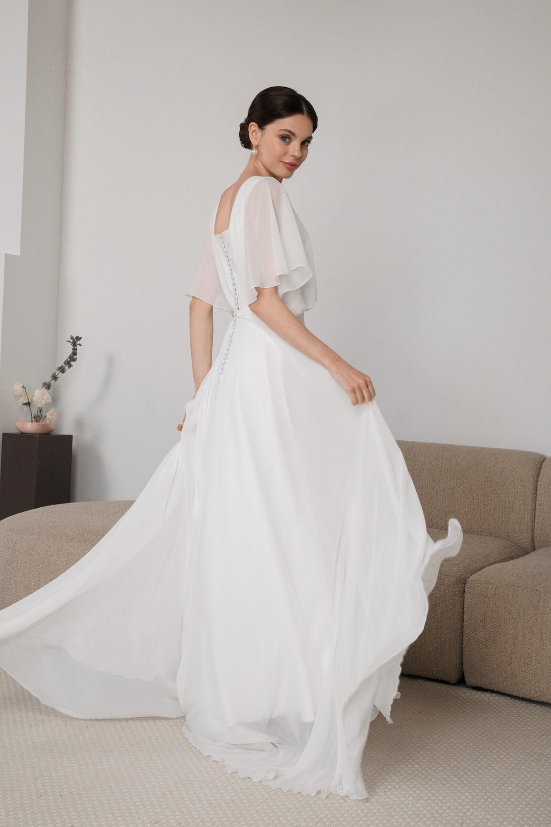Flowy Chiffon Wedding Dress with Open Back and Flutter Sleeves | Hope