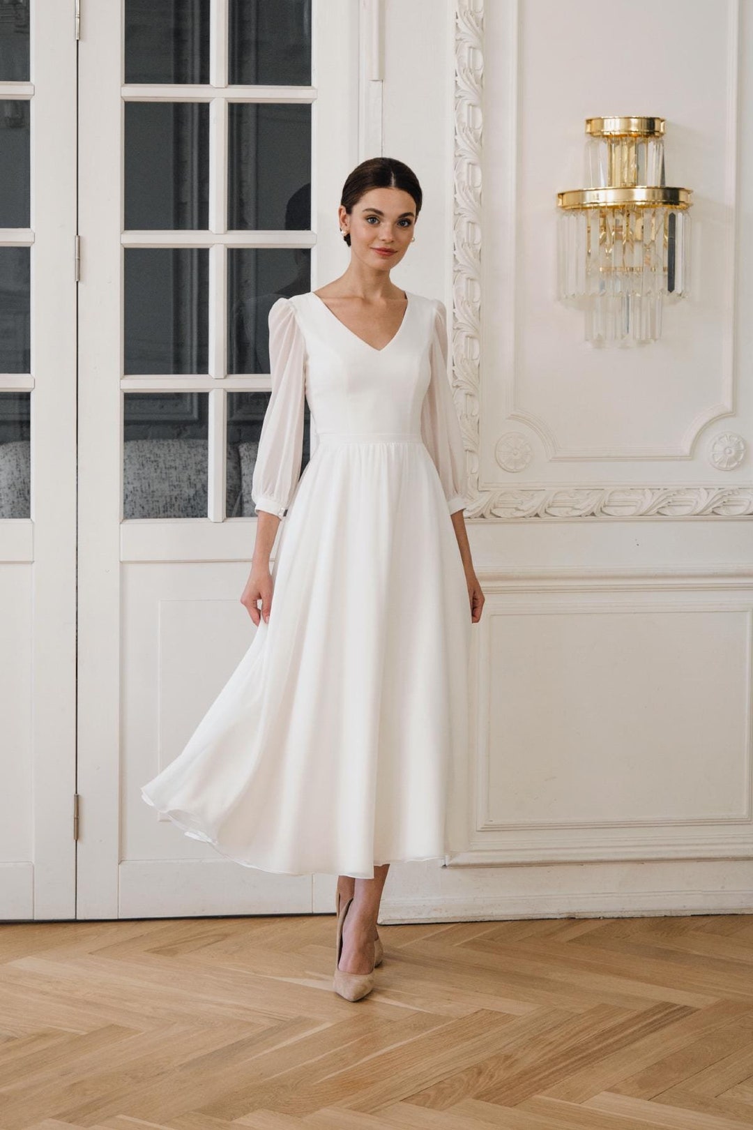Short V-neck Wedding Dress With Sleeves – Tea-length Bridal