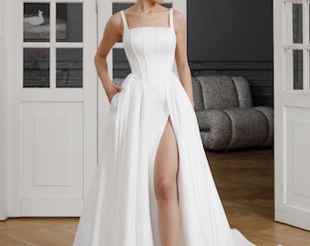 Square Neck Satin Wedding Dress with Corset Back and Slit | Elara