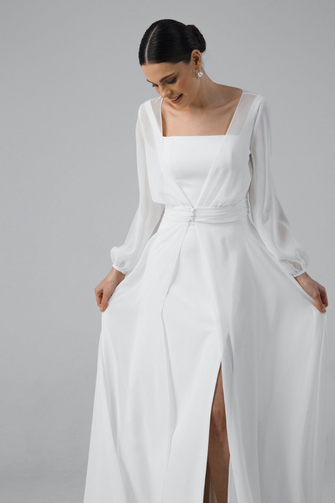 Long Sleeve Chiffon Wedding Dress Modest Wrap Wedding Dress - Etsy