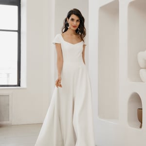 Simple crepe wedding gown, minimalistic short sleeve wedding dress, a line bridal dress | Inga