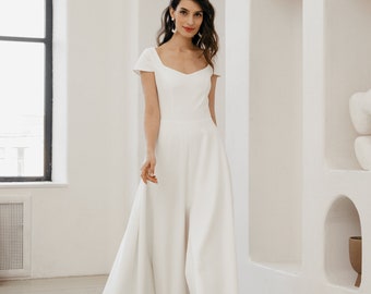 Simple crepe wedding gown, minimalistic short sleeve wedding dress, a line bridal dress | Inga