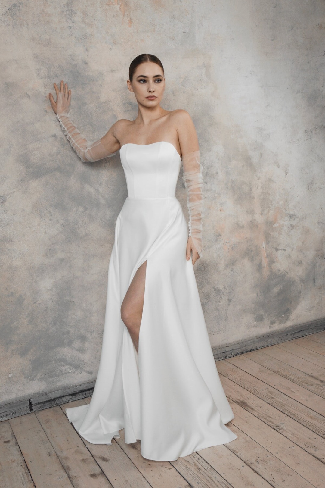 Corset Satin Wedding Dress With Detachable Tulle Sleeves