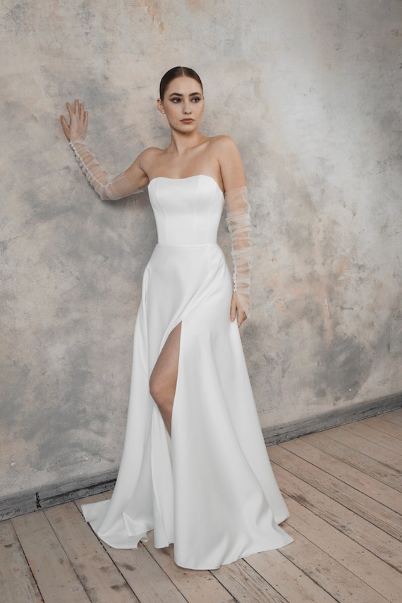 A-line Long Wedding Dresses With Detachable Sleeves, Simple Wedding Dresses, Newest Bridal Gowns A-line Long Wedding Dresses With Detachable Sleeves, Simple Wedding Dresses, Newest Bridal Gowns