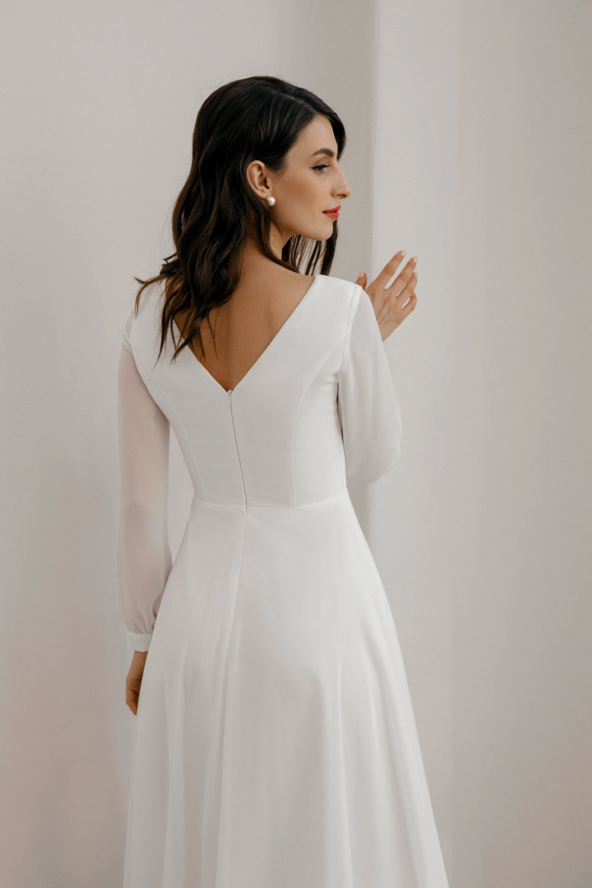 chiffon tea length straight neckline wedding dress Tea Length Wedding Dresses Ms. Grace