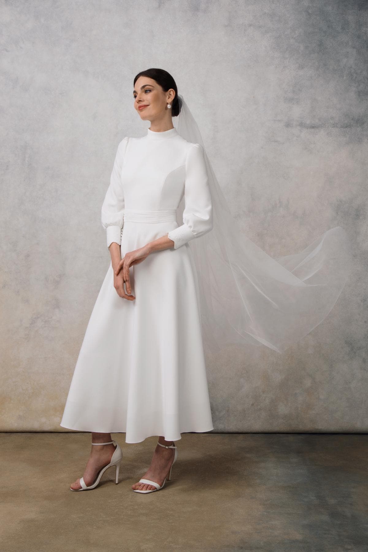 chiffon tea length straight neckline wedding dress A-Line Lace Chiffon Tea Length Wedding Dress Off the Shoulder Bridal Shower Dress COCOMELODY CW3431, 20 Days / Ivory / US4-UK6-EUR34