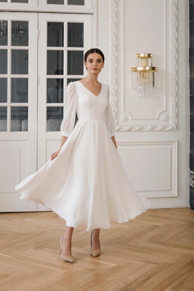 Short Wedding Dress With Sleeves, Tea Length Wedding Dress With Vneck