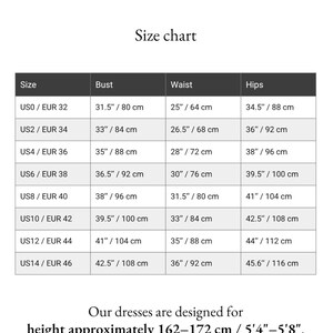 May include: A size chart from Piondress, with bust, waist, and hip measurements in inches and centimeters. The chart includes sizes from US0/EUR 32 to US14/EUR 46. The text states dresses are designed for heights approximately 5'4"-5'8".