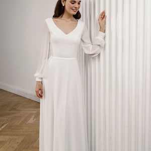 Simple Wedding Dress With Long Sleeves and V Neck, Romantic Wedding ...