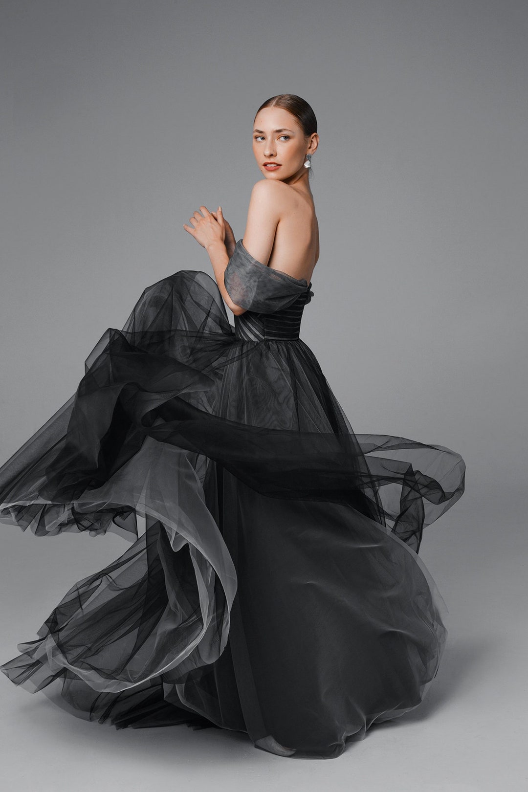Black Off the Shoulder Floral Tulle Short Knee Length Wedding Guest Dresses