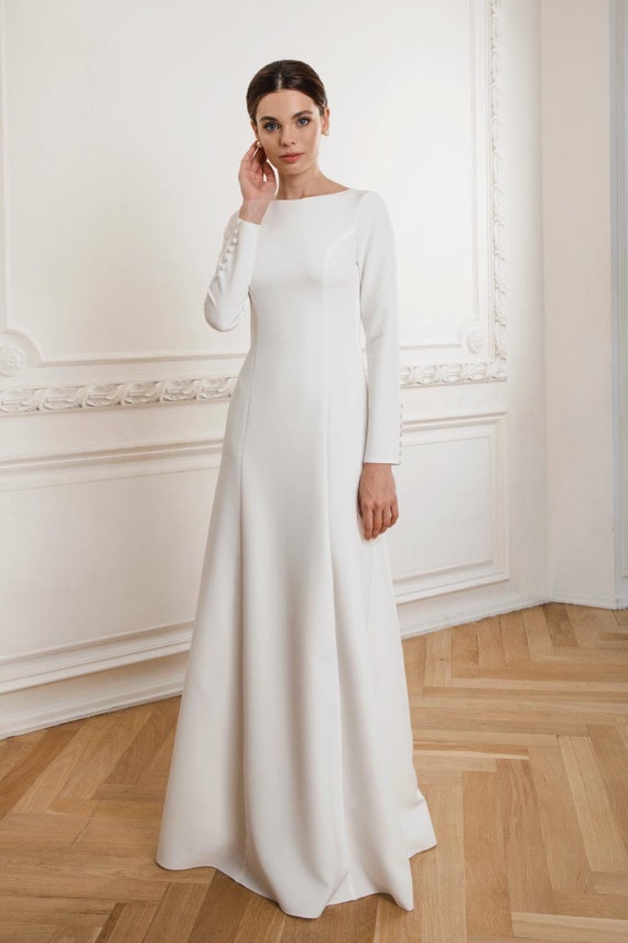 Elegant Crepe Wedding Dress with Long Sleeves and Boat Neck | Jane Elegant Crepe Wedding Dress with Long Sleeves and Boat Neck | Jane