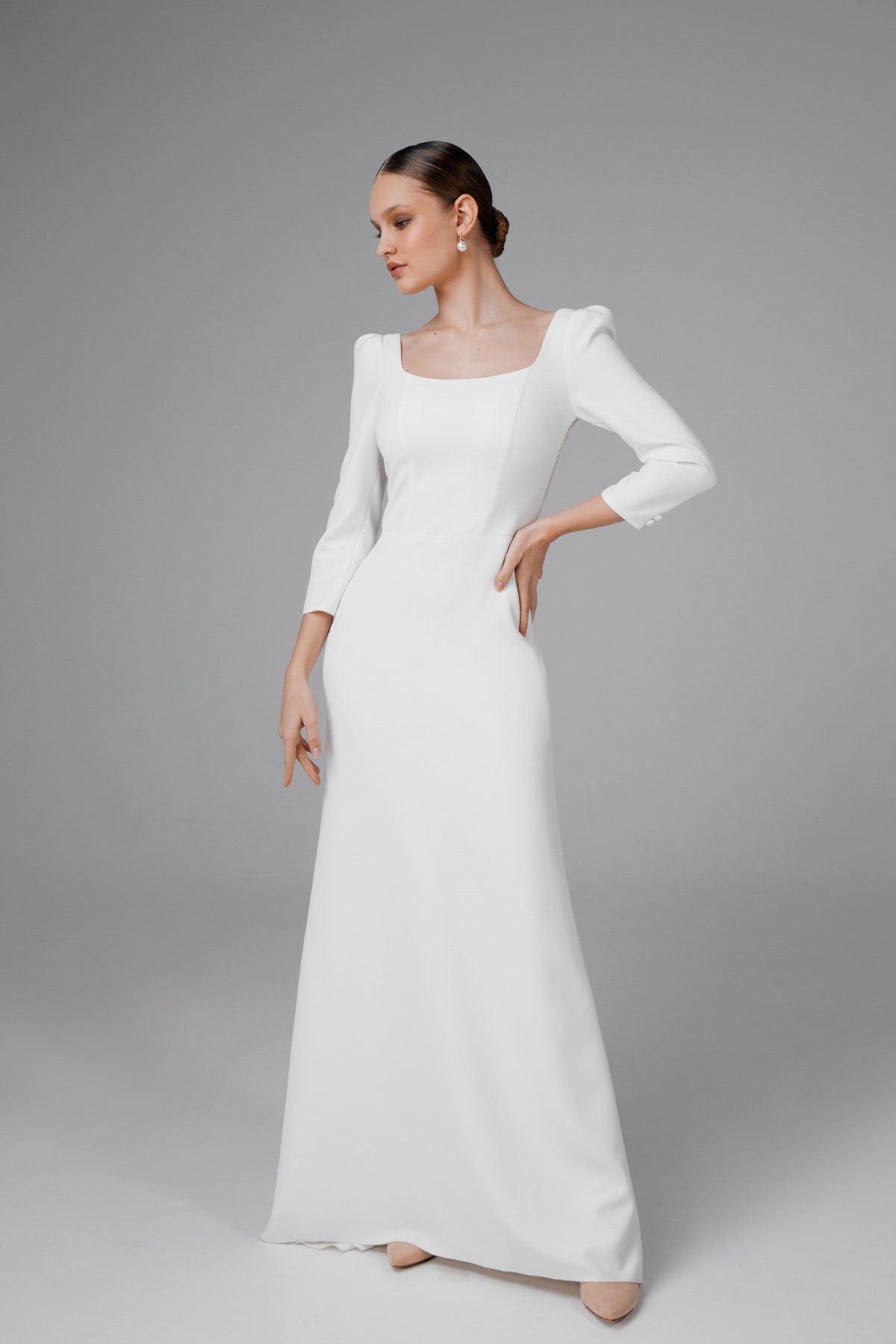 Elegante abito da sposa a maniche lunghe con scollo quadrato - Margaret - Italia