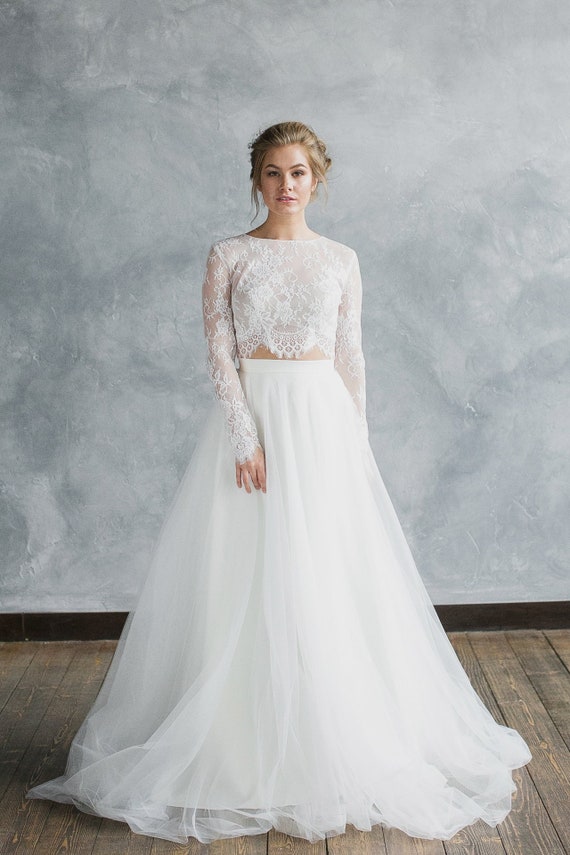 Crop Top Wedding Dress, Long Sleeve Lace Two Piece Wedding Dress, Wedding  Dress, Bridal Separate Keira 