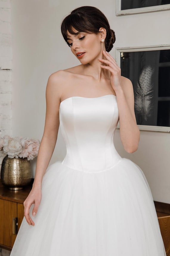 wedding dress satin top tulle bottom Strapless Satin Wedding Dress: Tulle Skirt Ball Gown