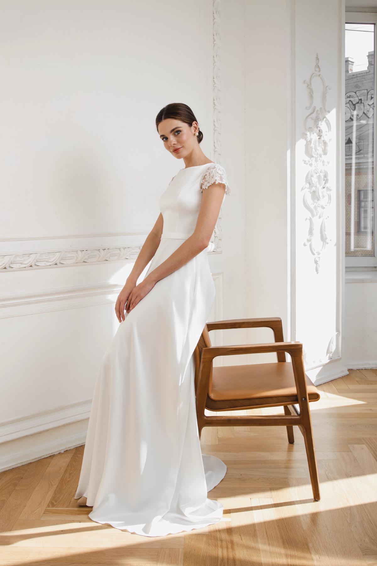 Elegant A-Line Wedding Dress with Cap Sleeves, Lace Back - Satin Bridal Gown with Boat Neckline for Classic and Timeless Bridal Look | Amber