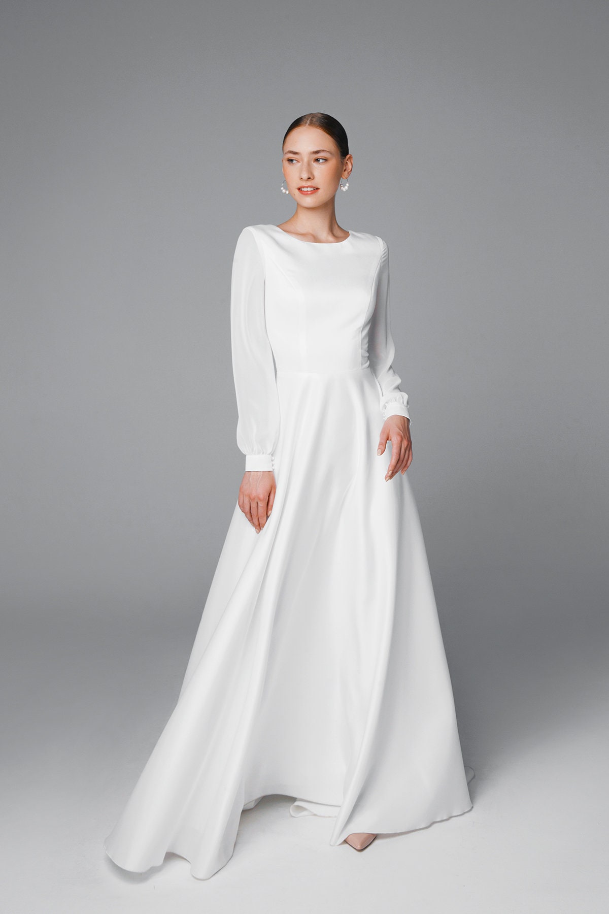 Modest Long Sleeve Wedding Dress Satin and Chiffon Bridal - Etsy