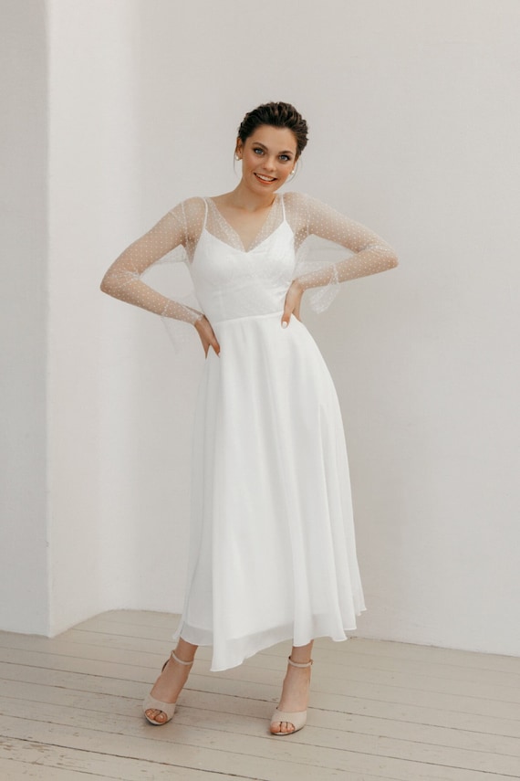 Simple Tea Length Wedding Dress with Sheer Dotted Sleeves - Elegant Tulle Bridal Gown | Leah