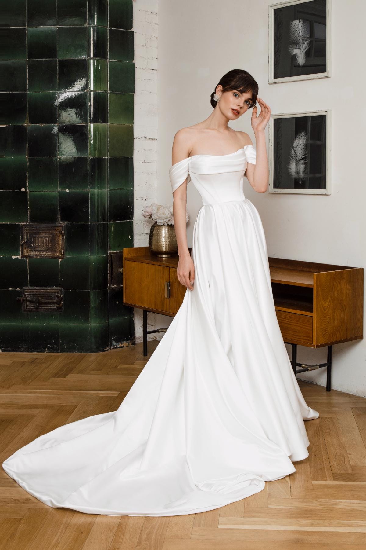 drop waist off the shoulder wedding dress Off Shoulder A-line Lace Dress with Dropped Waist main image 0