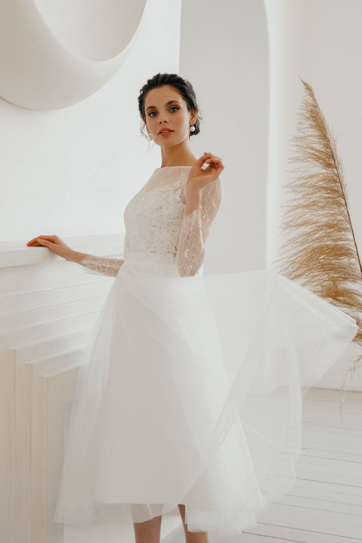 Long Sleeve Lace Tea Length Wedding Dress - Romantic Tulle Bridal Gown | Lily Long Sleeve Lace Tea Length Wedding Dress - Romantic Tulle Bridal Gown | Lily