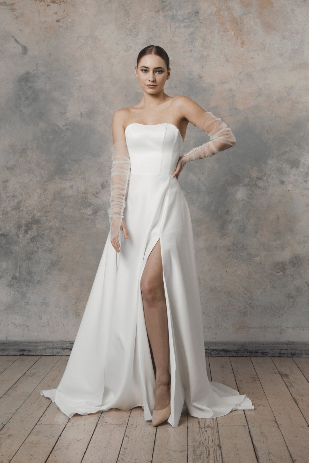 Satin Corset Wedding Dress With Detachable Tulle Sleeves Kristen