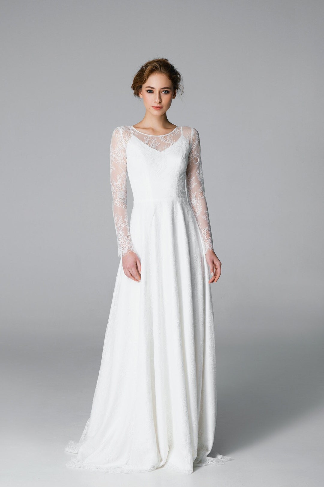 Boho Long White A-line Off-the-shoulder Lace Wedding Dresses with Long Sleeves main image 1