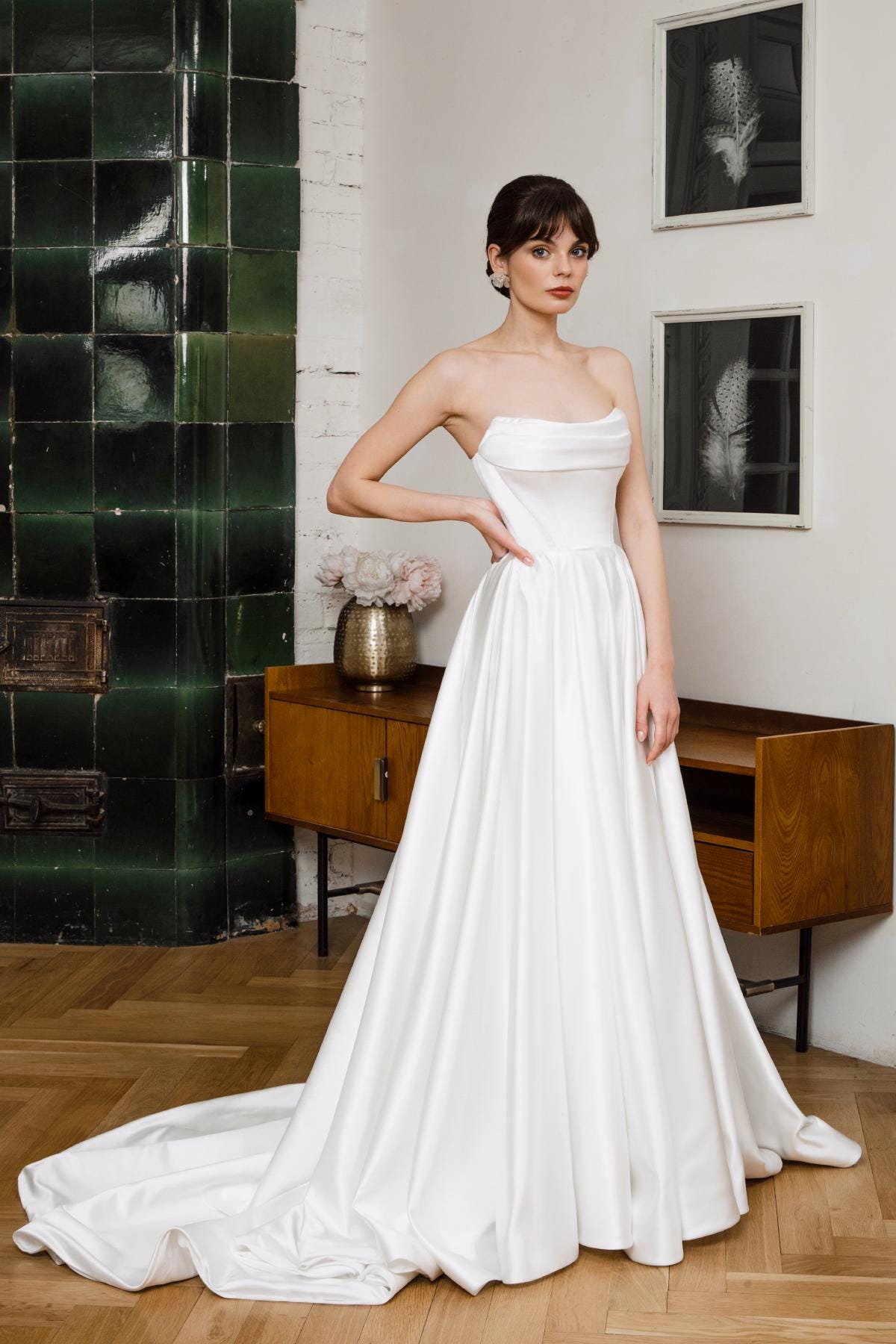 Off Shoulder Satin Wedding Dress with Corset Back | Augusta