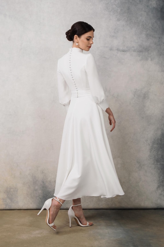 Elegant Tea Length Wedding Dress with High Neck and Long Sleeves - Modest Bridal Gown | Marta