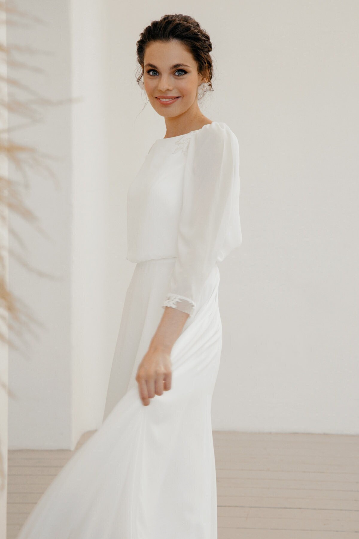 long billow sleeve chiffon a-line wedding dress Billow Sleeve Floral Applique Sprinkle Winter White A Line Bridal Dress - Alisse Bridal Snow/Winter/Diamond White / 3D Lace