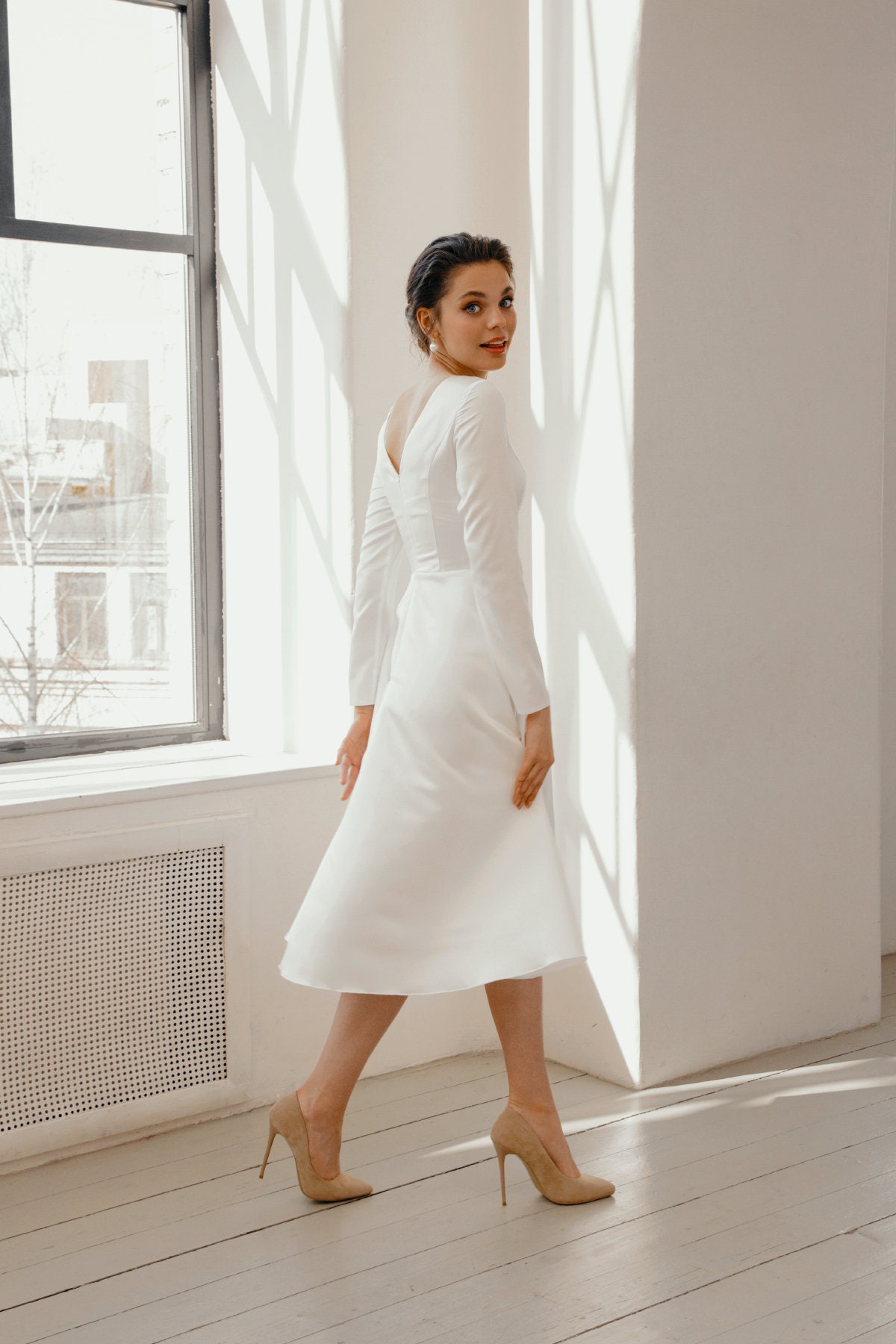 Simple Short Wedding Dress With Sleeves off White Elopement - Etsy Canada Simple Short Wedding Dress With Sleeves off White Elopement - Etsy Canada