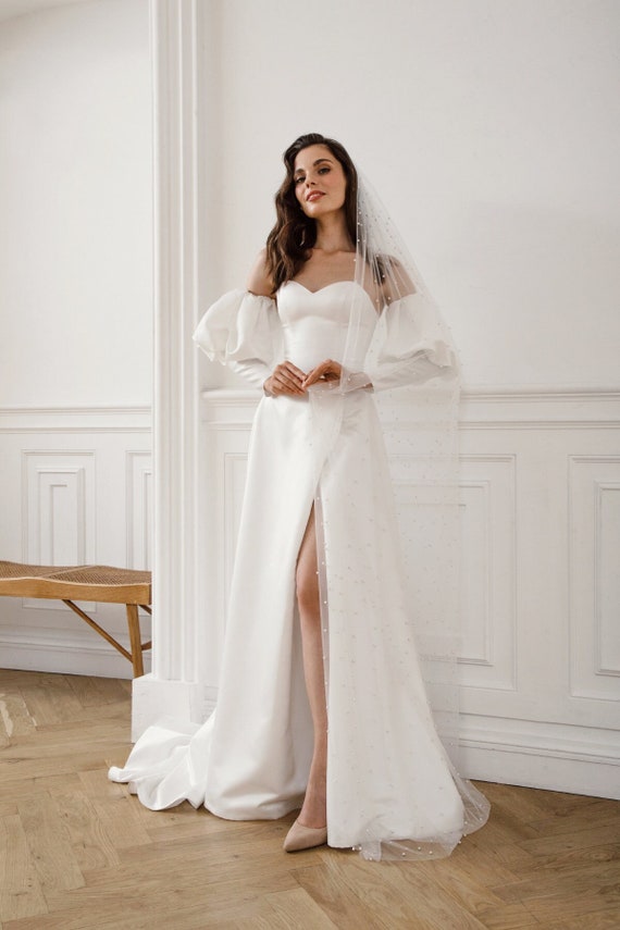 Satin Draped Square A Line Wedding Dress With Slit Satin Draped Square A Line Wedding Dress With Slit