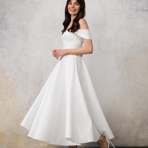 Elegant Off-the-Shoulder Tea-Length Wedding Dress – Satin A-Line Skirt with Corset Back | Rachel