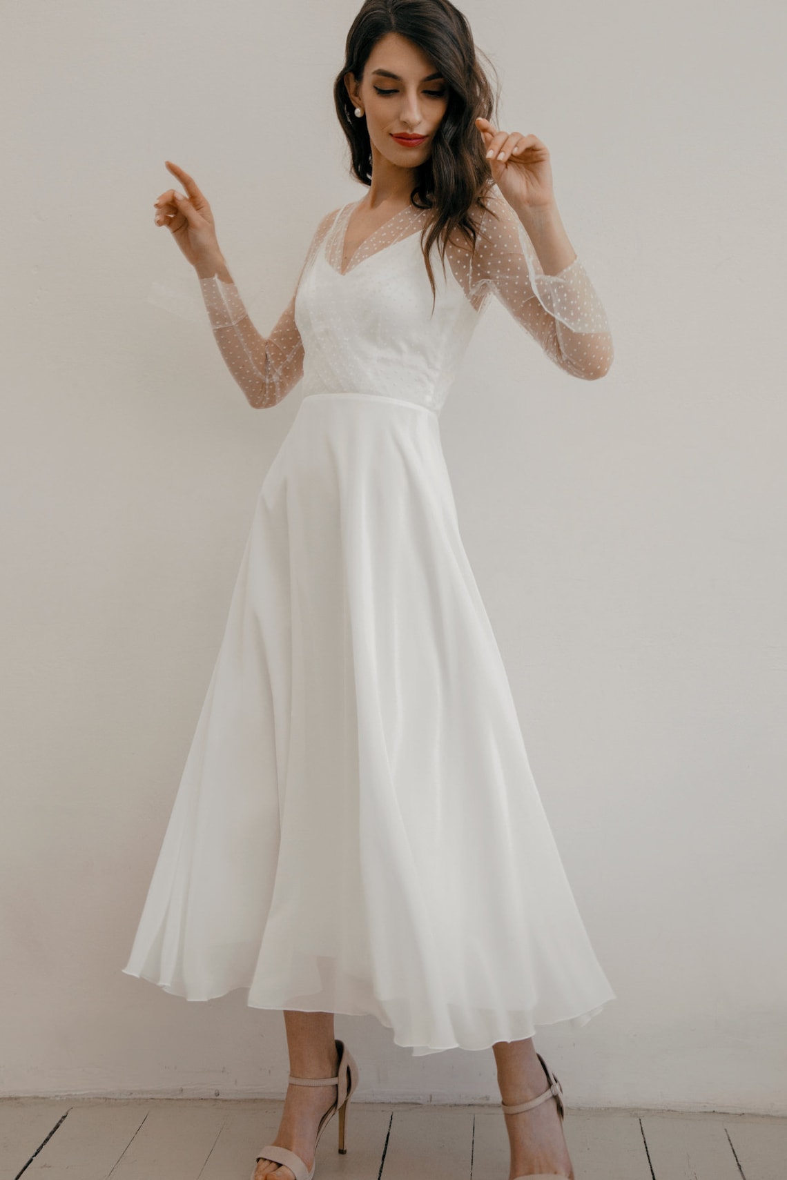 Tea Length Long Sleeve Wedding Dress Simple Wedding Dress - Etsy
