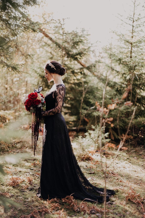 Black Boho Wedding Dress With Long Sleeves Dark Wedding - Etsy