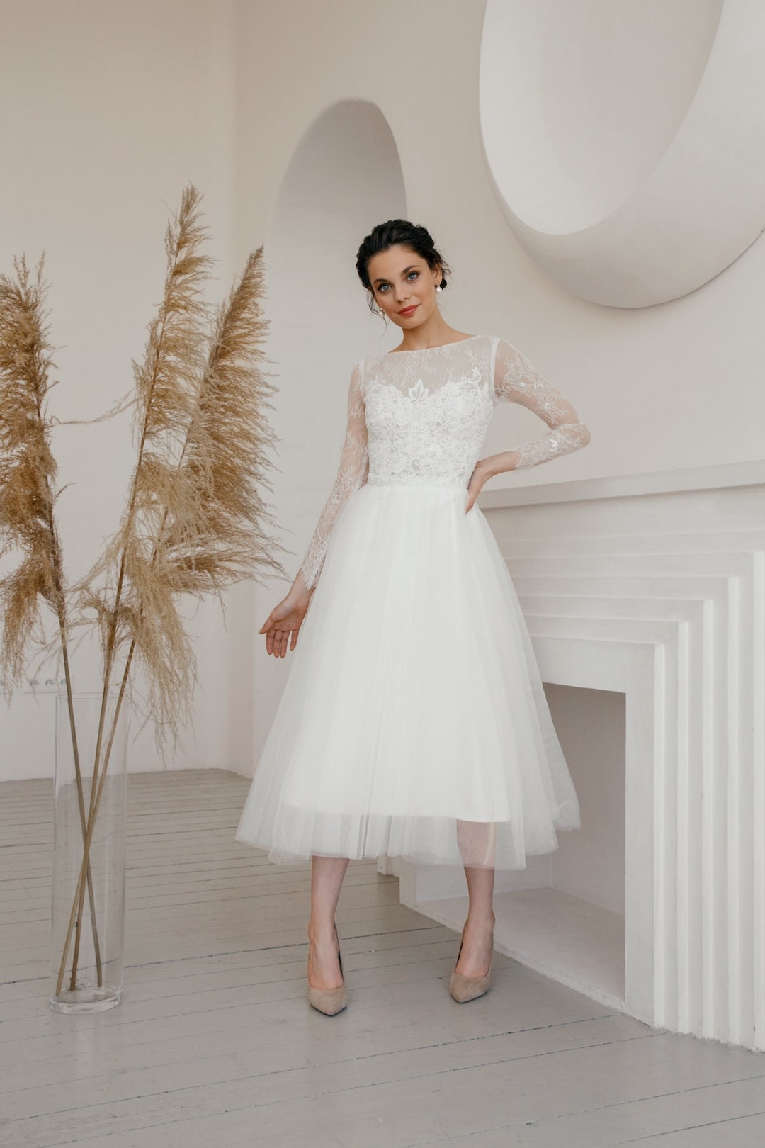 Short Wedding Dress, Long Sleeve Wedding Dress, 50s Wedding Dress, Simple  Wedding Dress Lily -  Israel