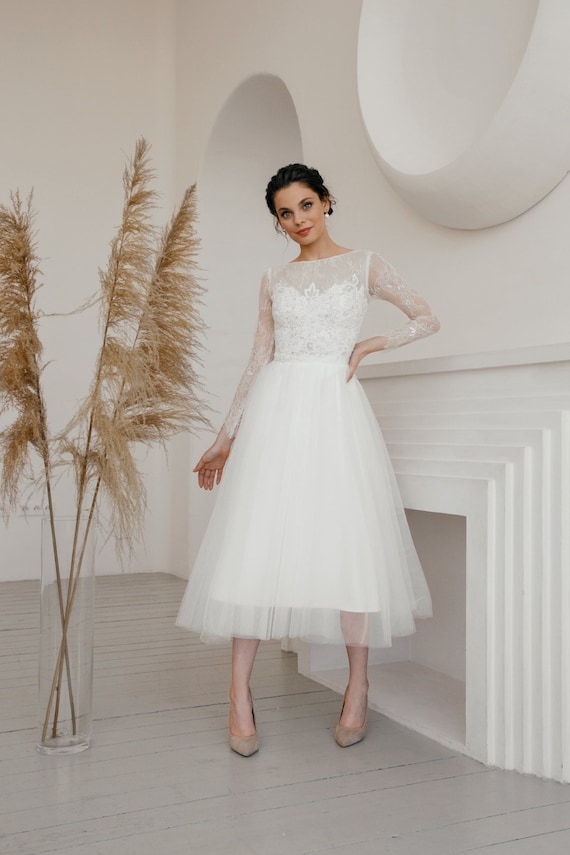 Short Wedding Dress, Long Sleeve Wedding Dress, 50s Wedding Dress, Simple  Wedding Dress Lily 