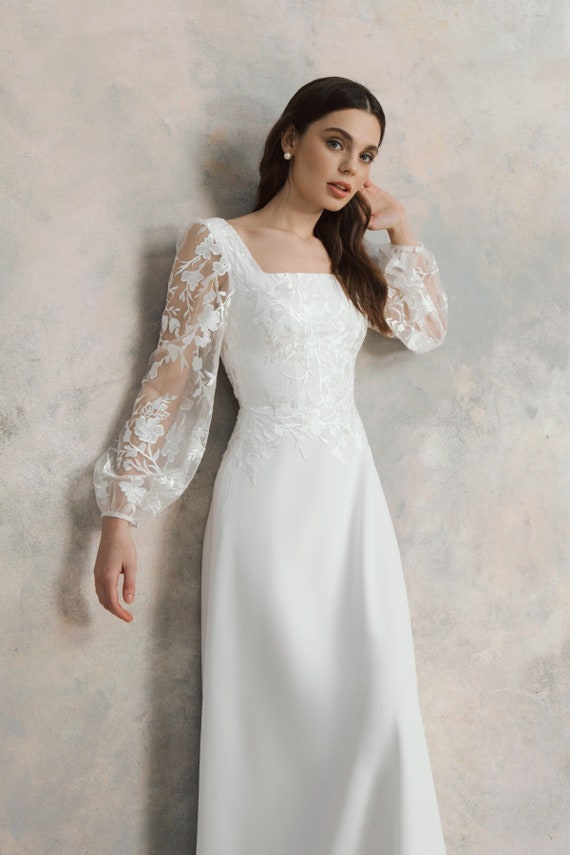 Square A Line Tea Length Ivory Satin Wedding Dress Square A Line Tea Length Ivory Satin Wedding Dress