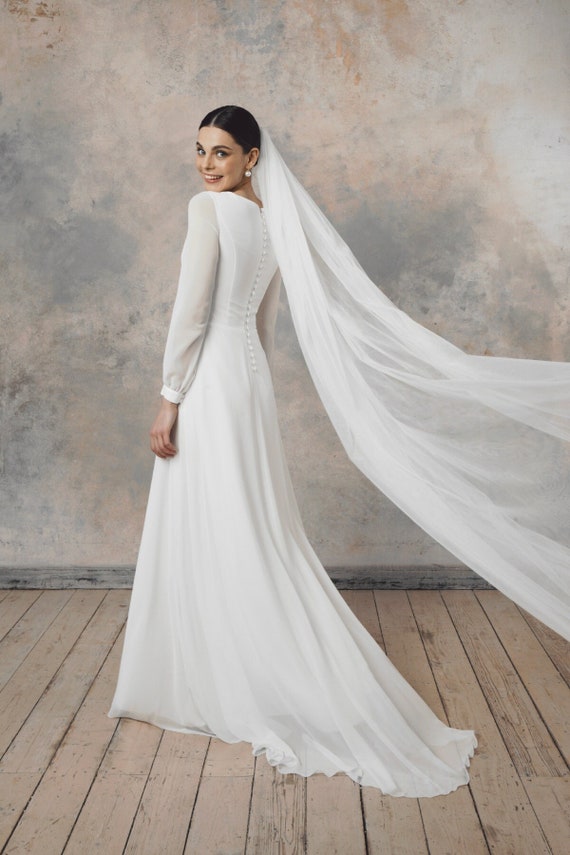 Elegant Modest Wedding Dress With Long Sleeves, Chiffon Skirt and Button  Back | Aina - Etsy