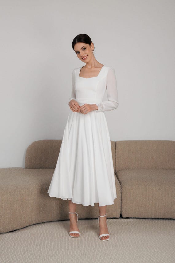 Square Neck Tea Length Wedding Dress | Alba Square Neck Tea Length Wedding Dress | Alba